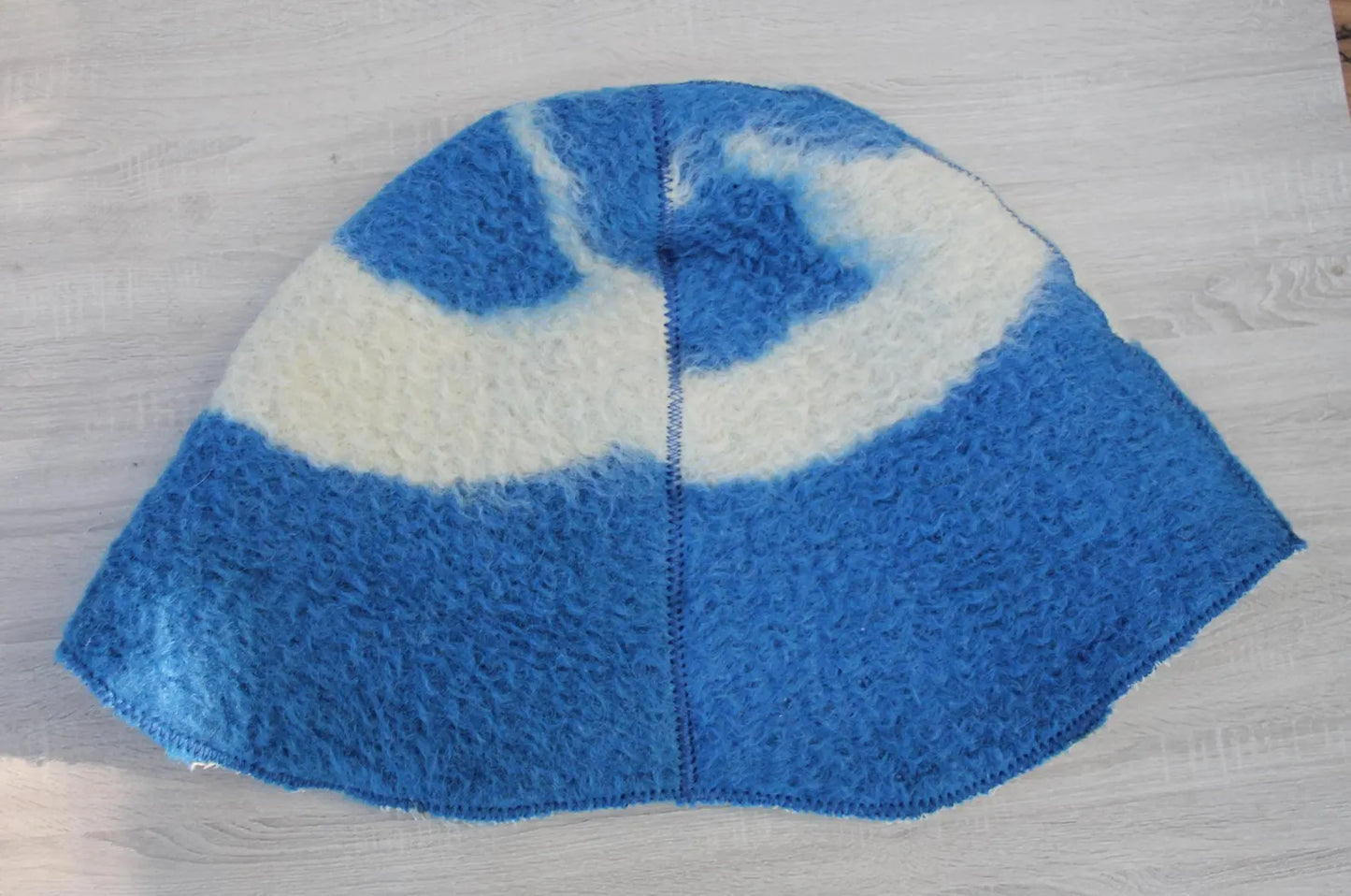 upcycled vintage blanket wool sauna hat blue pattern handmade from vintage blanket