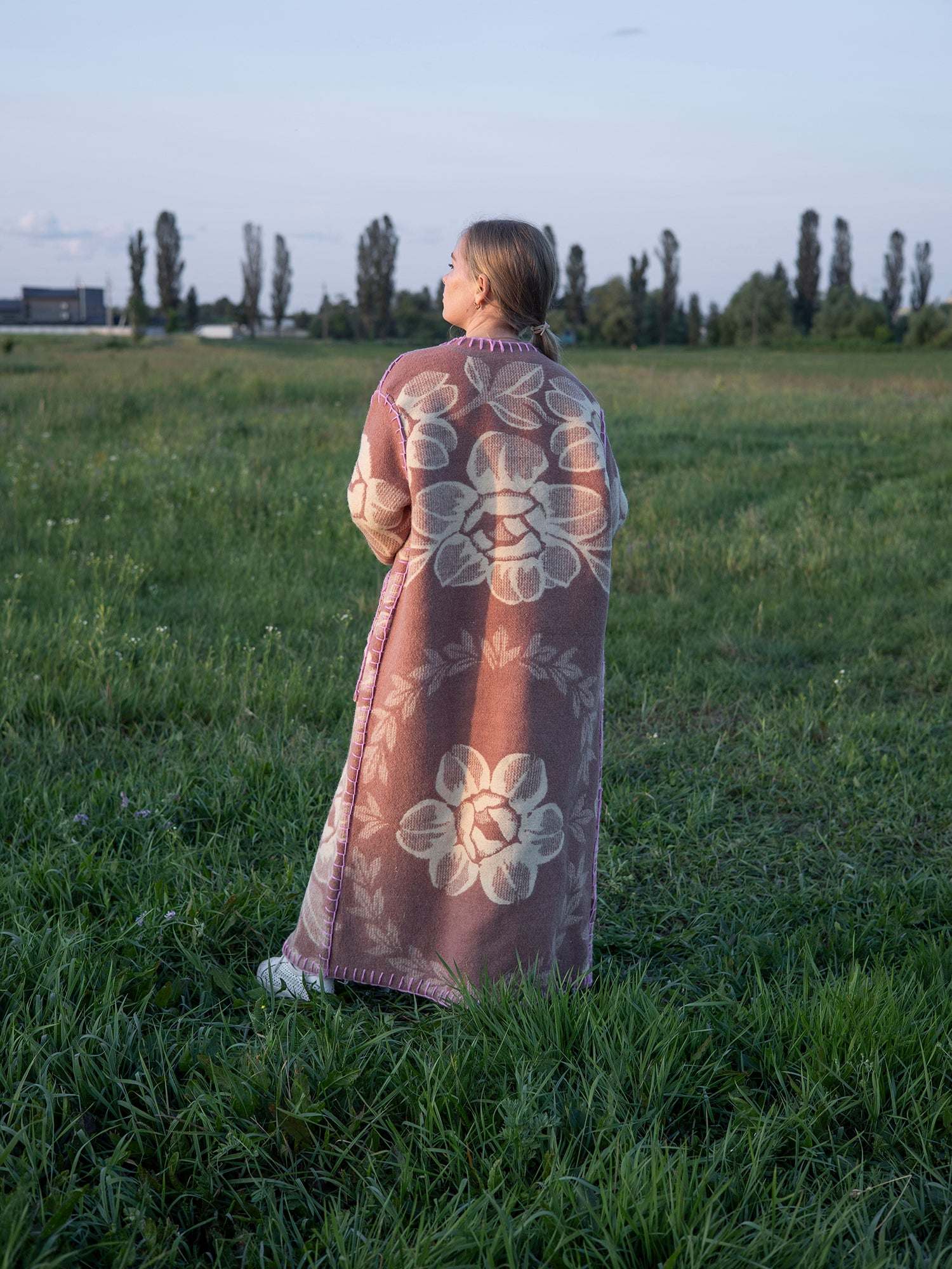 back view handmade upcycled wool duster pink stitching detail