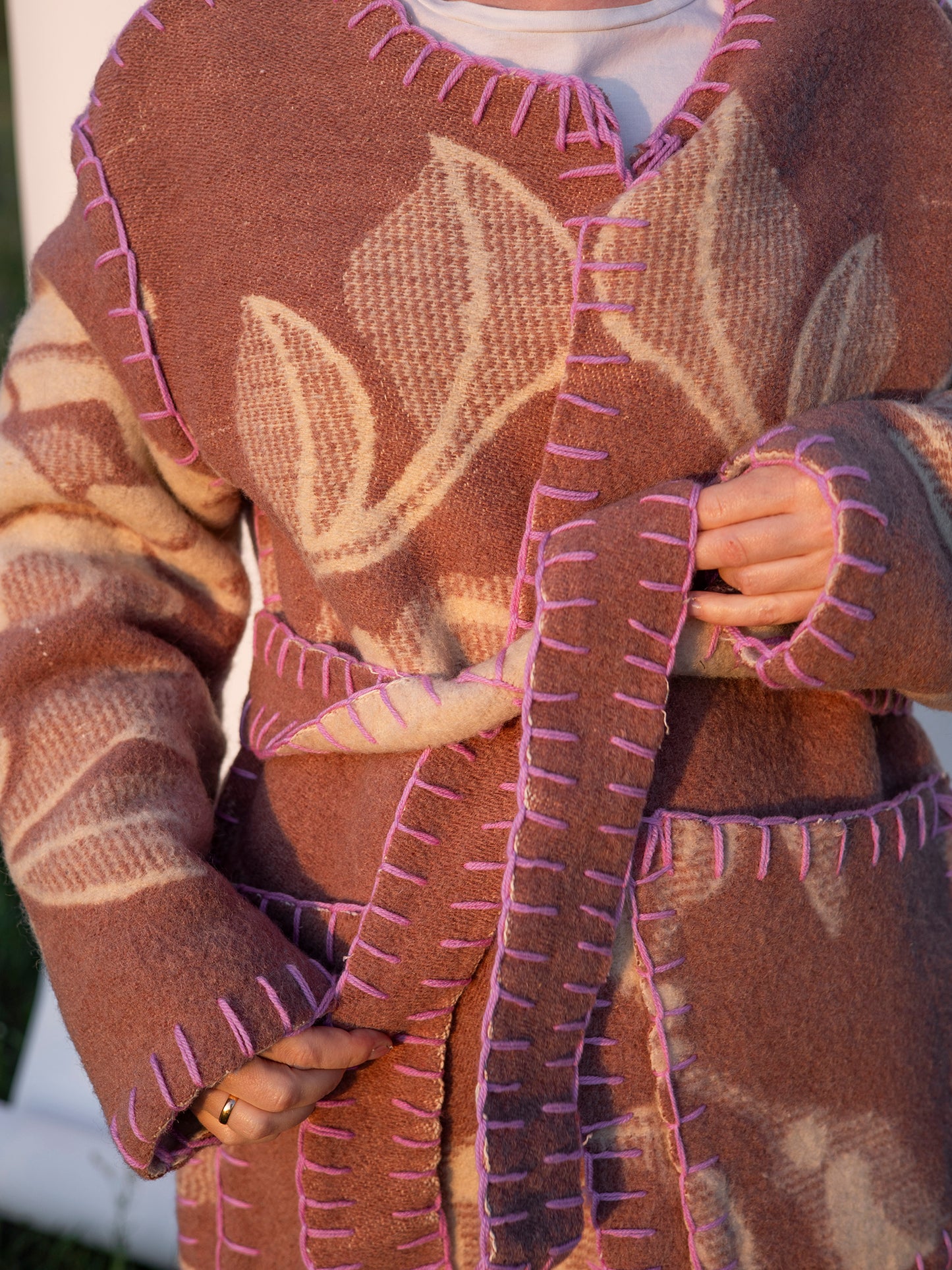 close-up floral vintage blanket texture wool coat