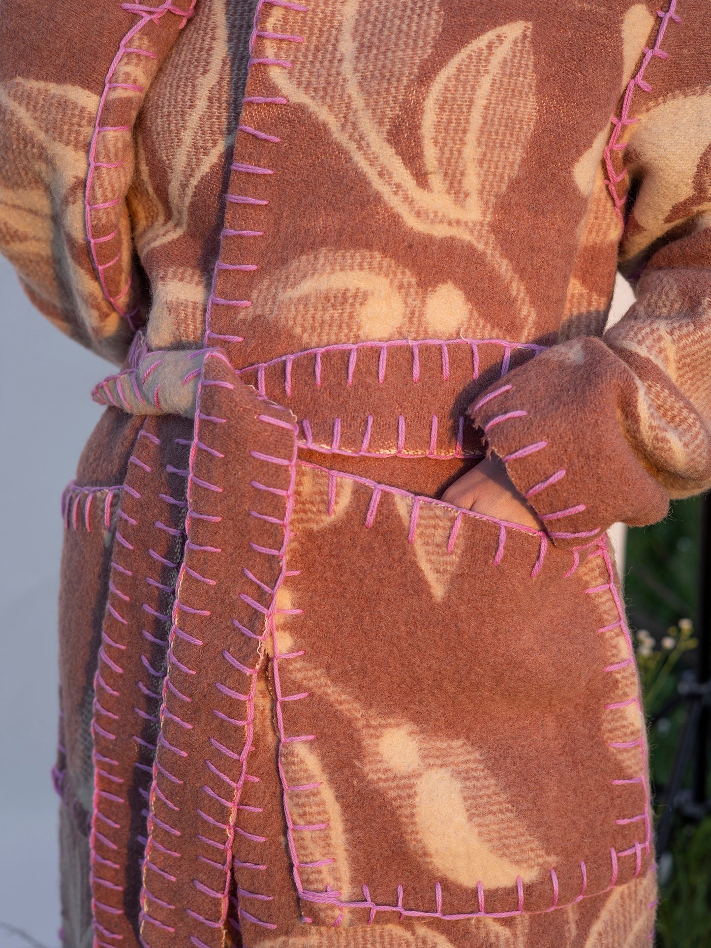 boho winter outfit featuring handmade upcycled long wool coat