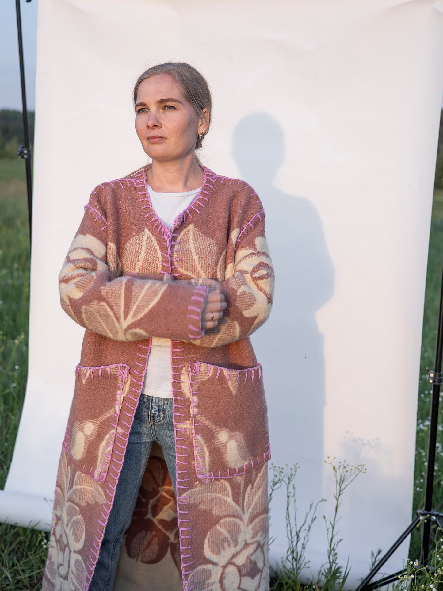 front view long upcycled wool coat M/L handmade from vintage blanket