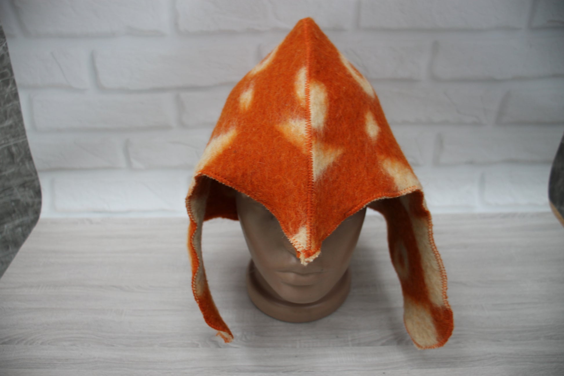 upcycled wool sauna hat made from vintage blanket