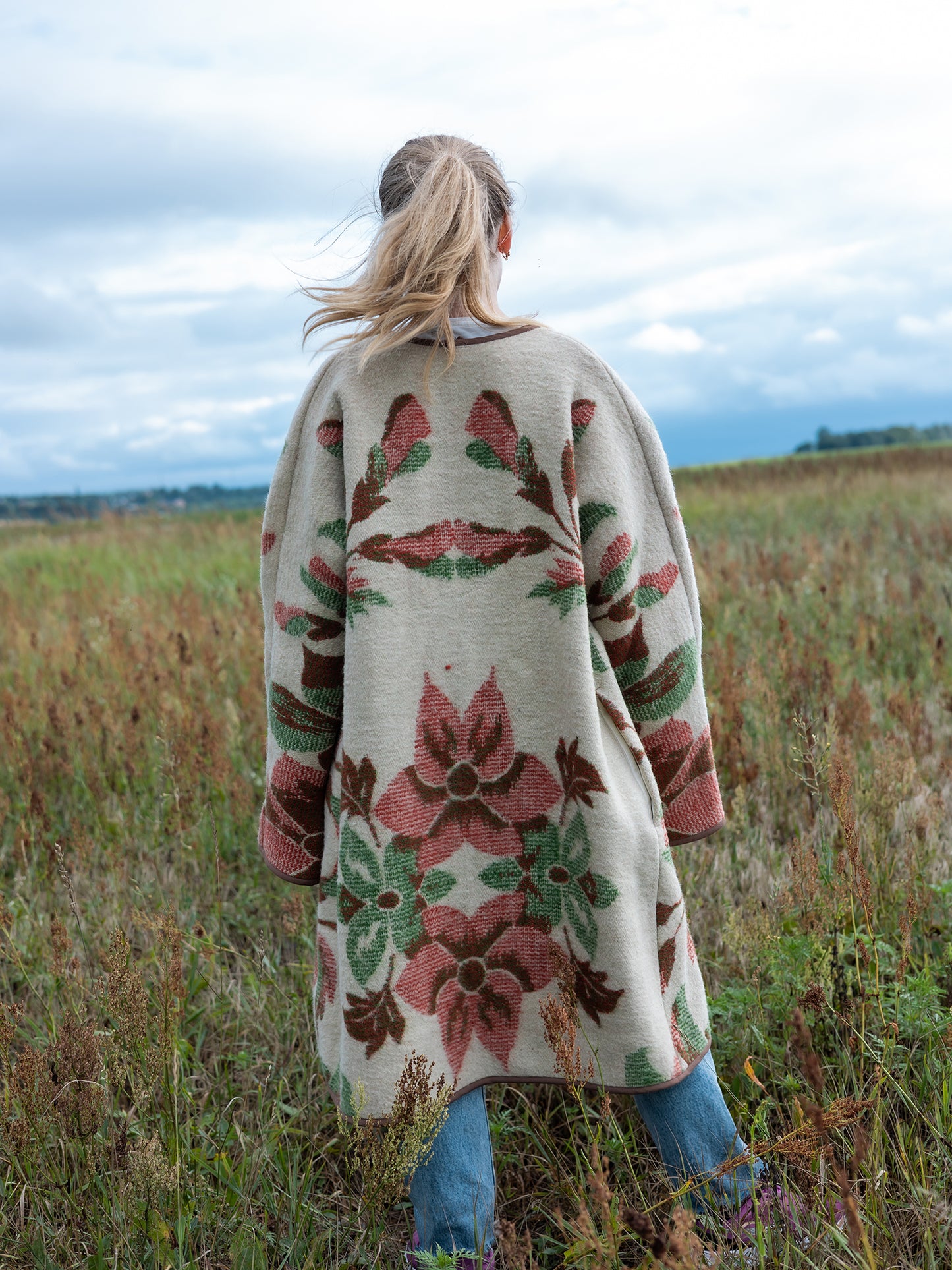 model wearing vintage wool coat handmade sustainable outerwear