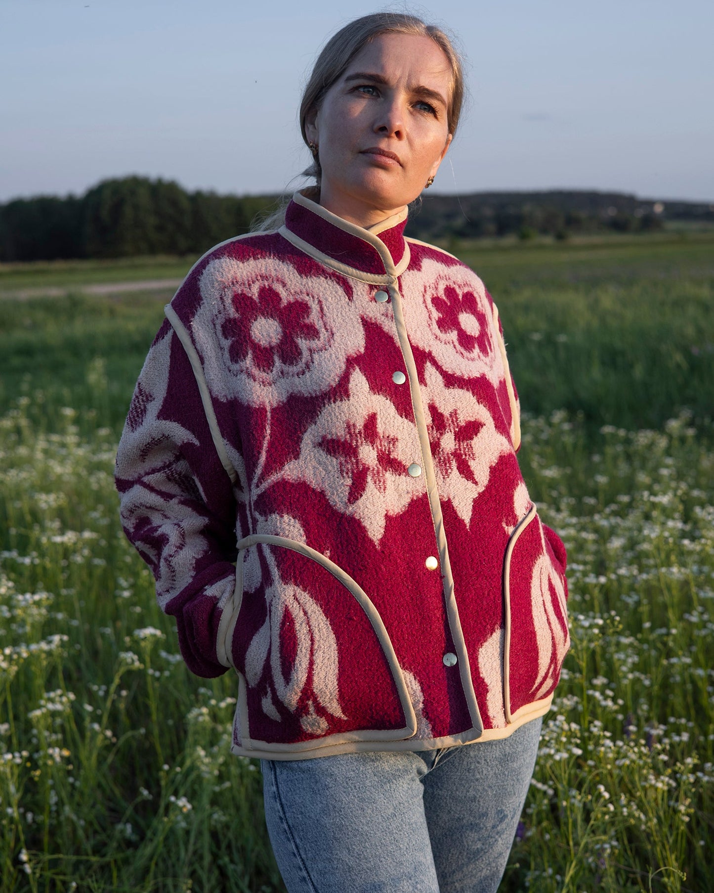 front view upcycled wool jacket size M maroon cream floral pattern