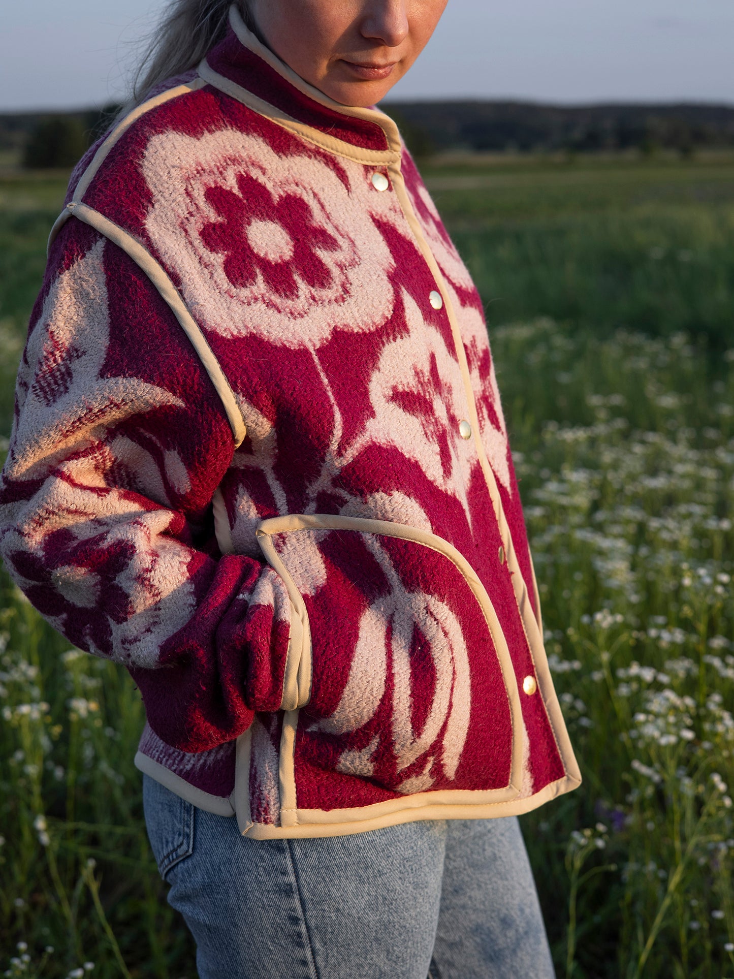 curved patch pocket detail upcycled wool jacket