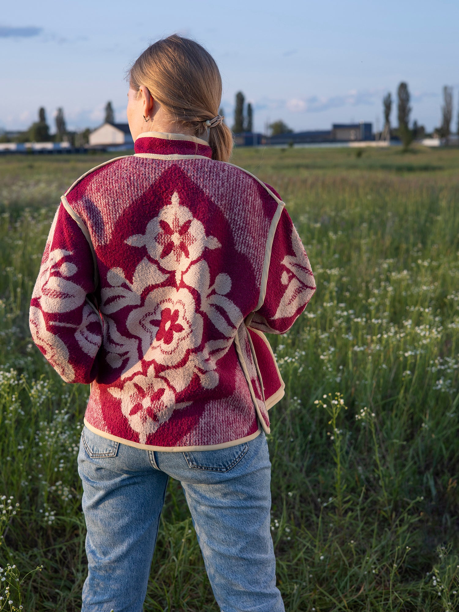 pattern detail oversized cream floral motif maroon wool