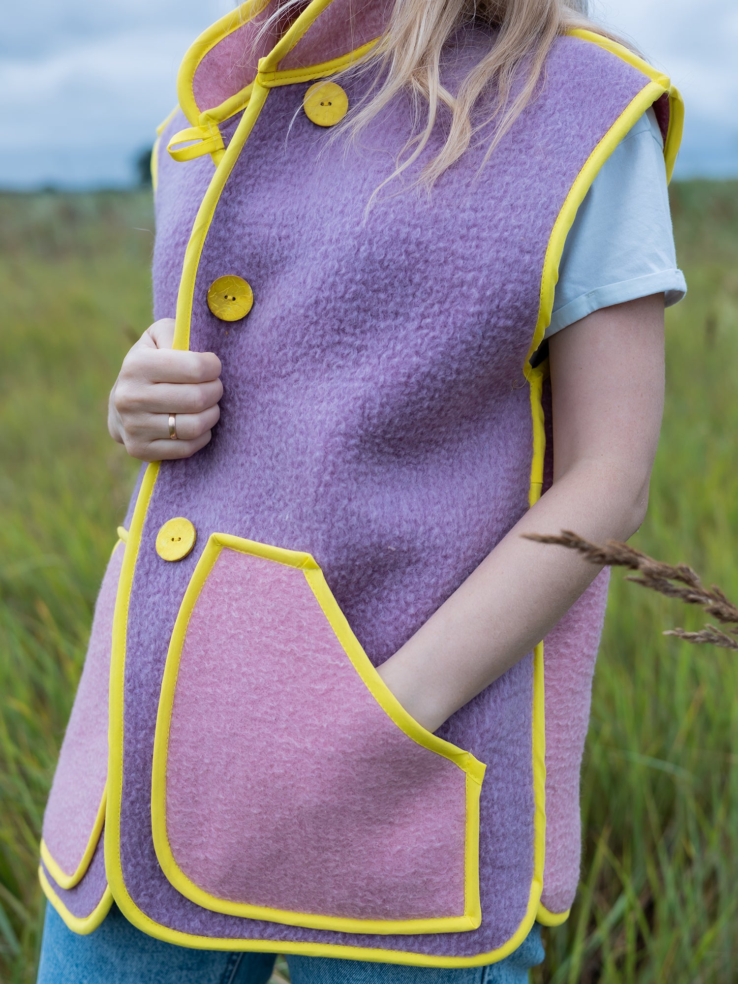 large pocket detail upcycled wool blanket vest