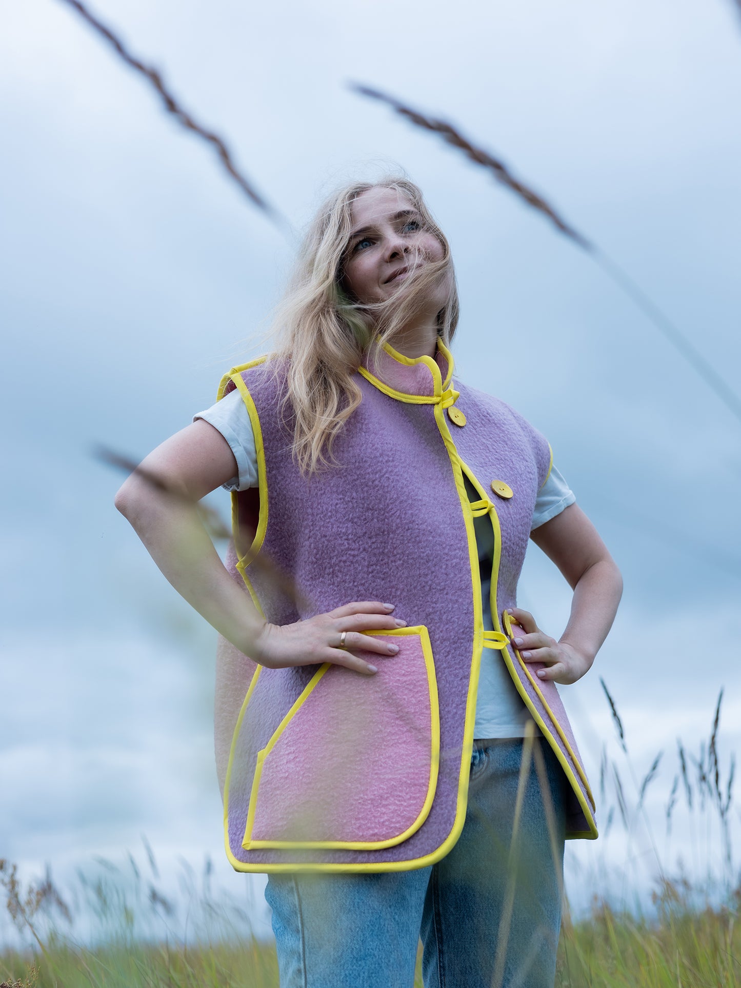 close-up boho motif on upcycled wool blanket vest