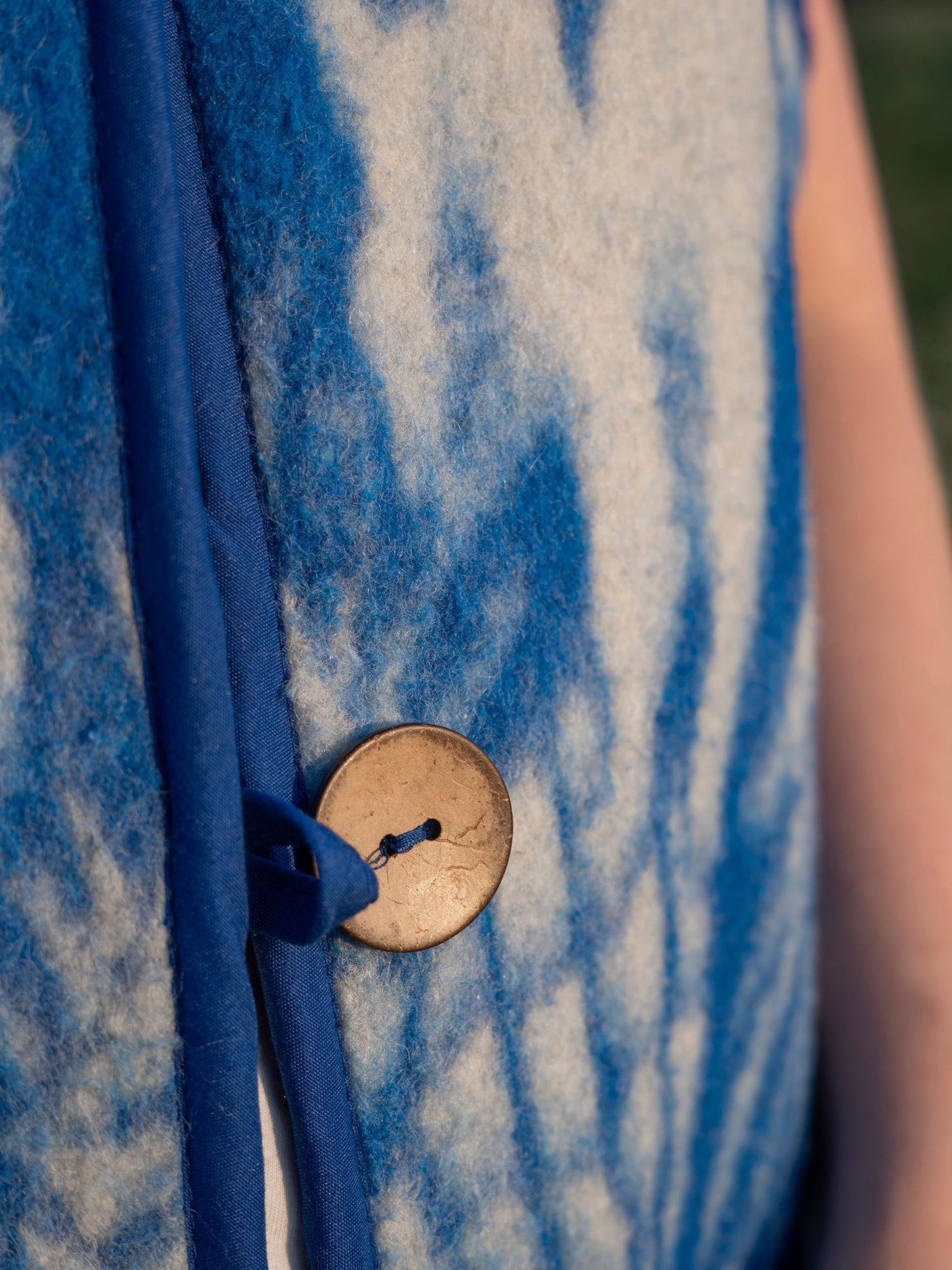 wooden button closure detail upcycled wool vest size M