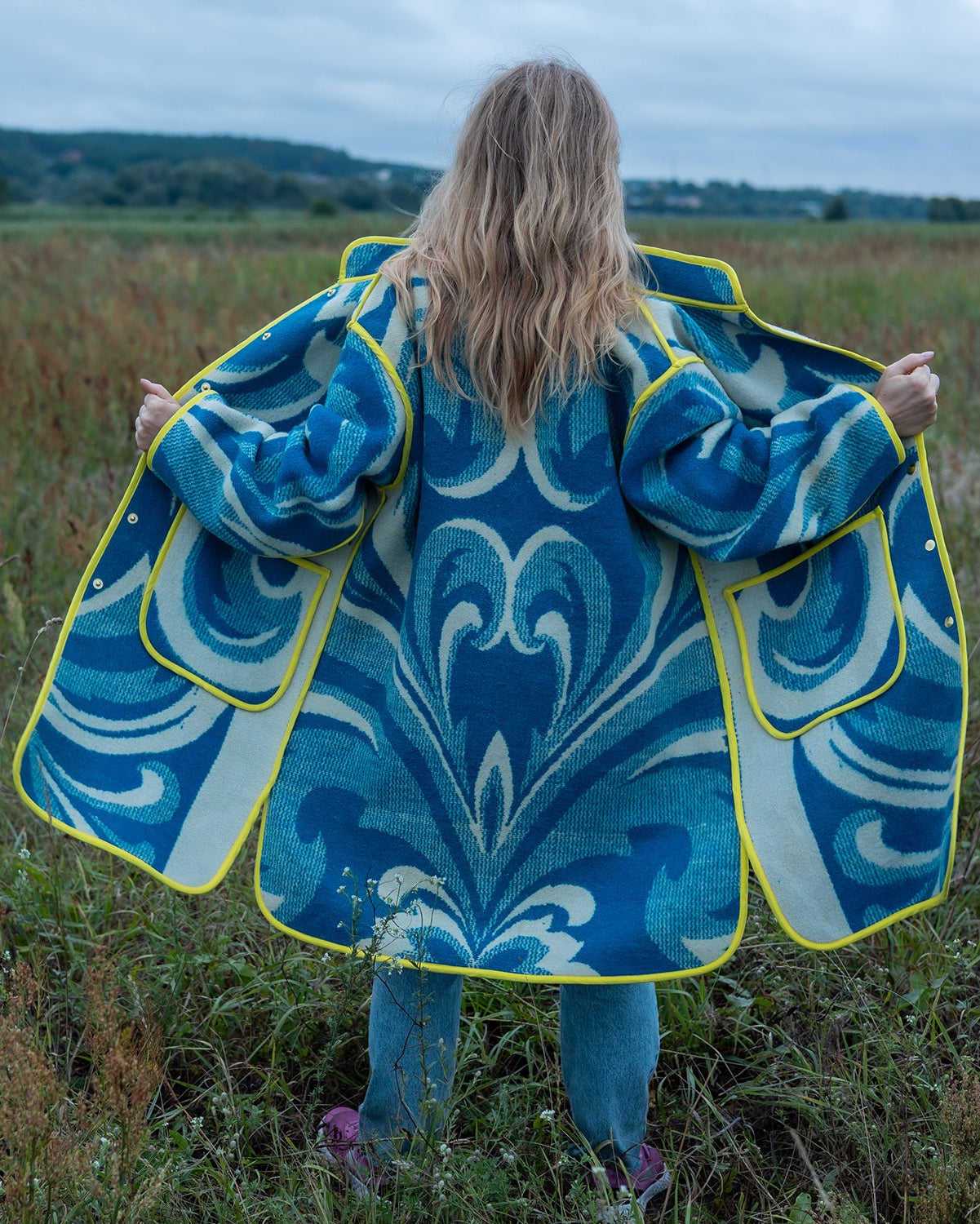 Lady in wool upcycled blanket coat