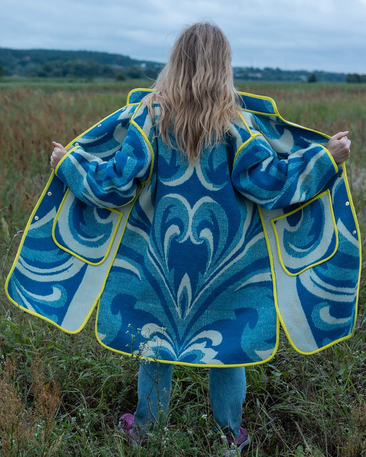Lady in wool upcycled blanket coat