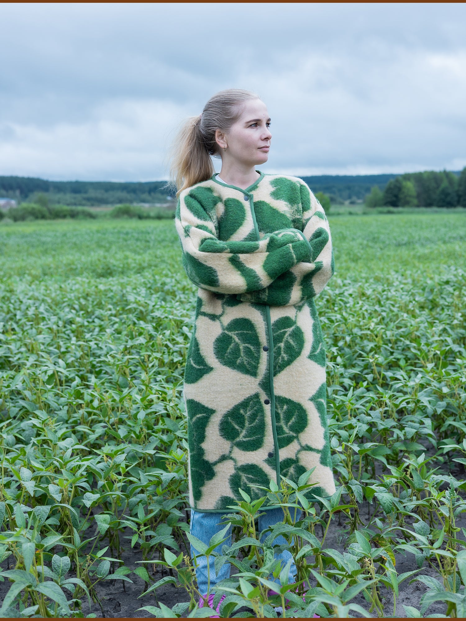 model wearing vintage wool blanket coat size M outdoor
