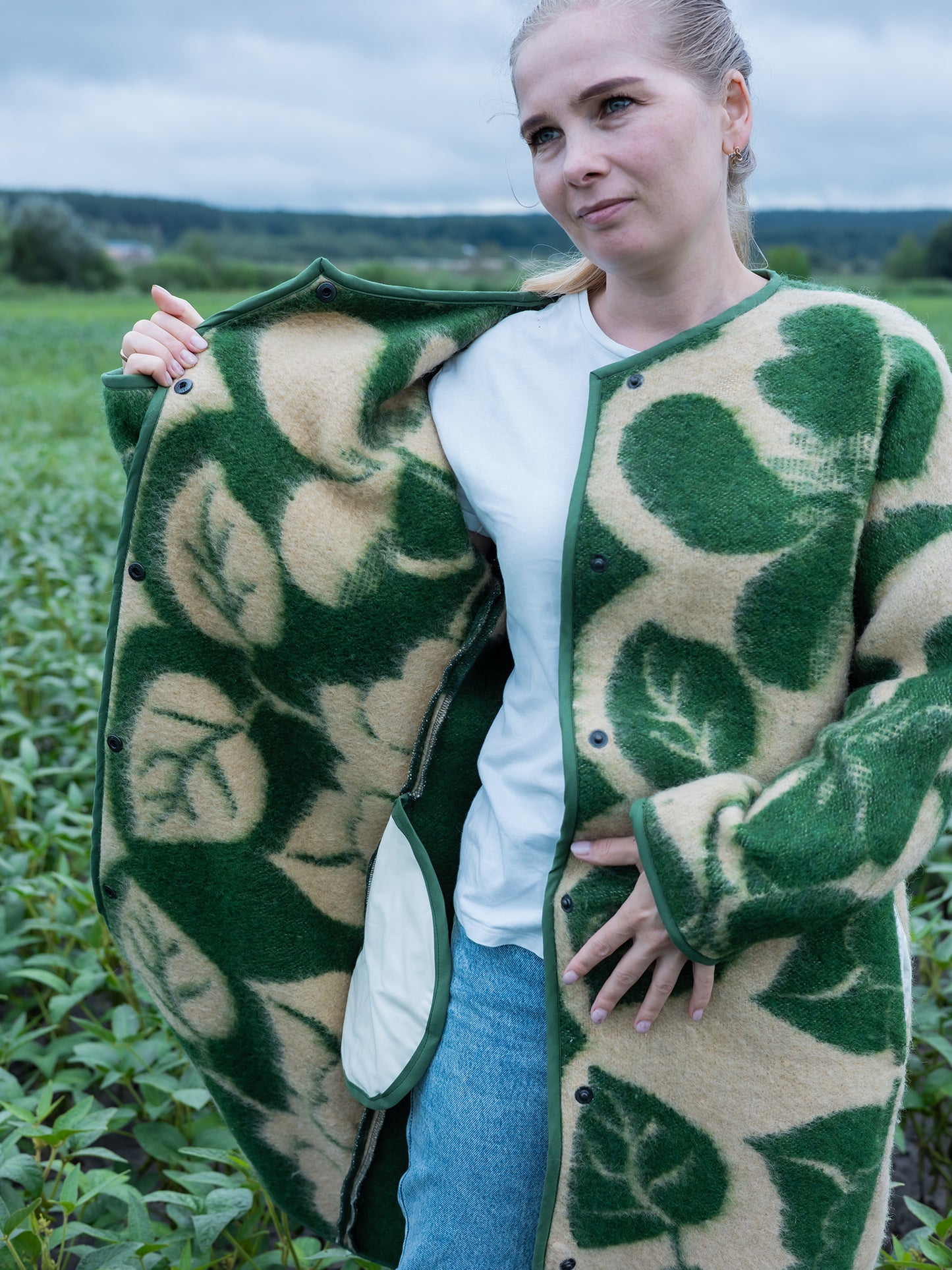 coat laid flat showing full floral pattern upcycled blanket fabric