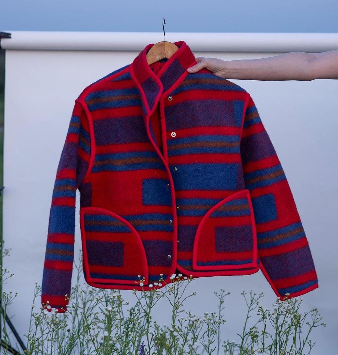 Upcycled Wool Blanket Jacket, Red Blue Striped Coat Handmade Folk Outerwear,Vintage Recycled Wool Size M,wollen jacket womens,gift for her.