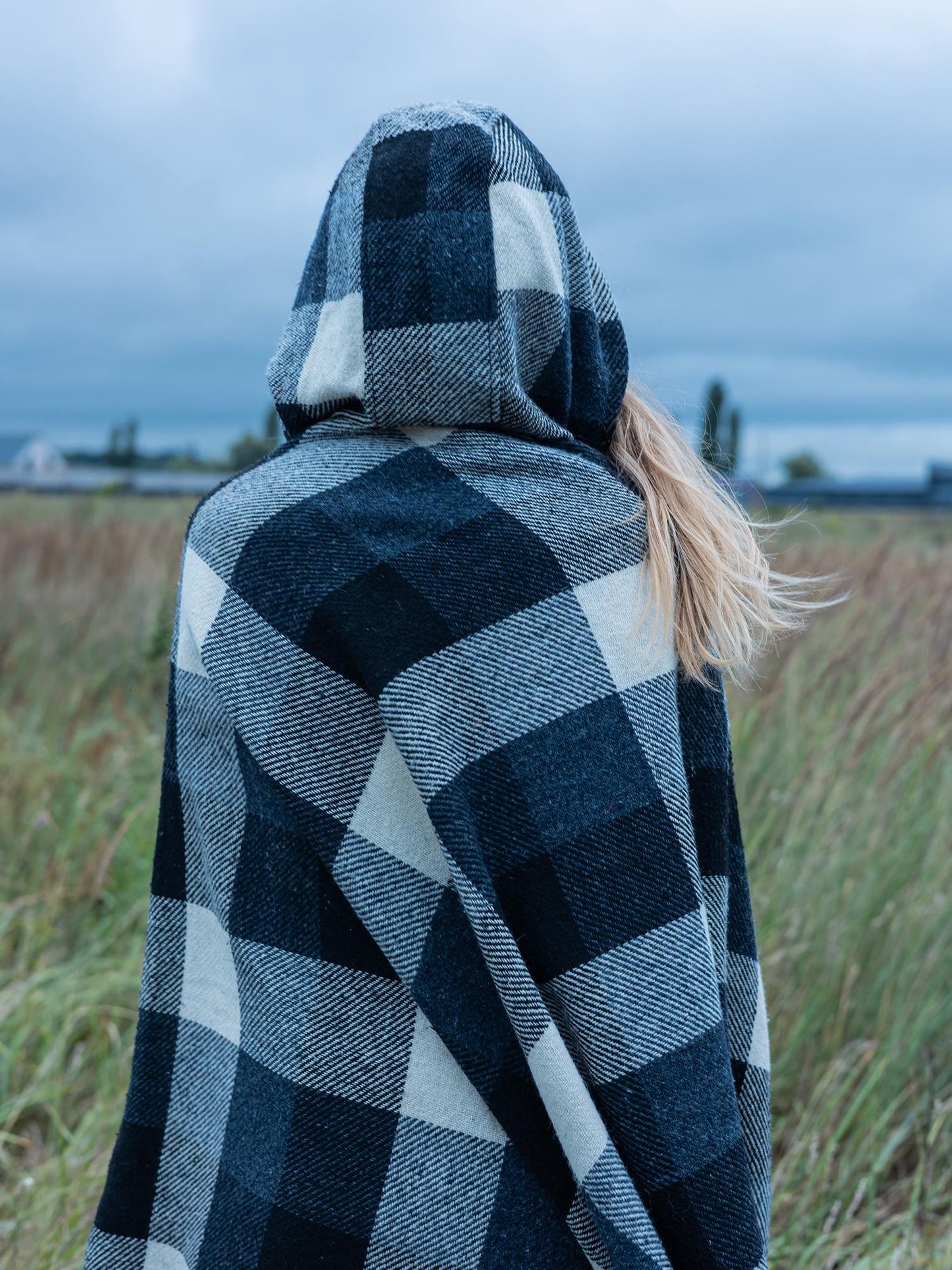 Wool Poncho with Hood from Upcycled Blanket, Oversized Wool Cape 107×122 cm Black White Checkered, plaid hooded poncho,openfront wool poncho