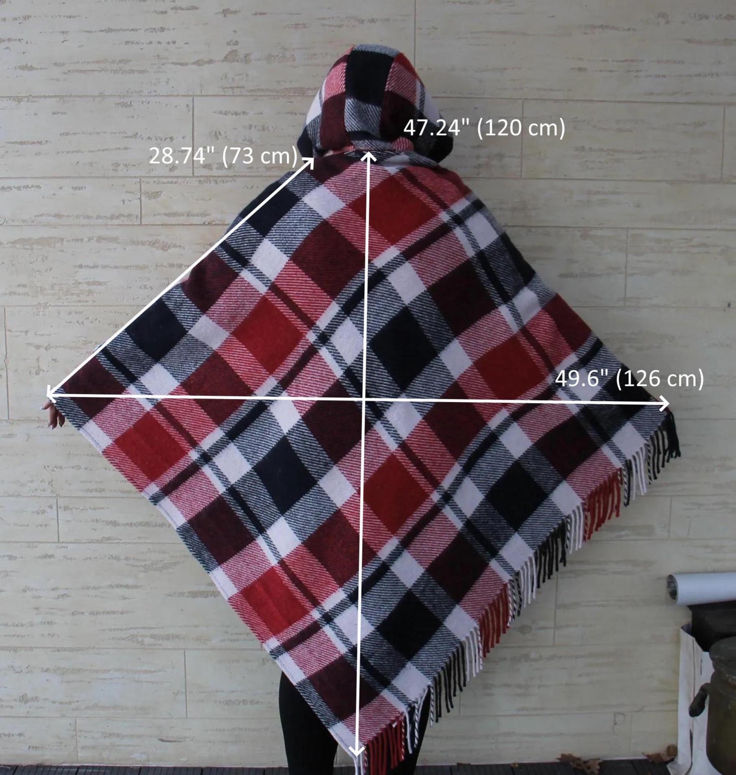 Red plaid poncho with hood, upcycled from vintage wool blanket, cozy checkered cape, handmade poncho for women.