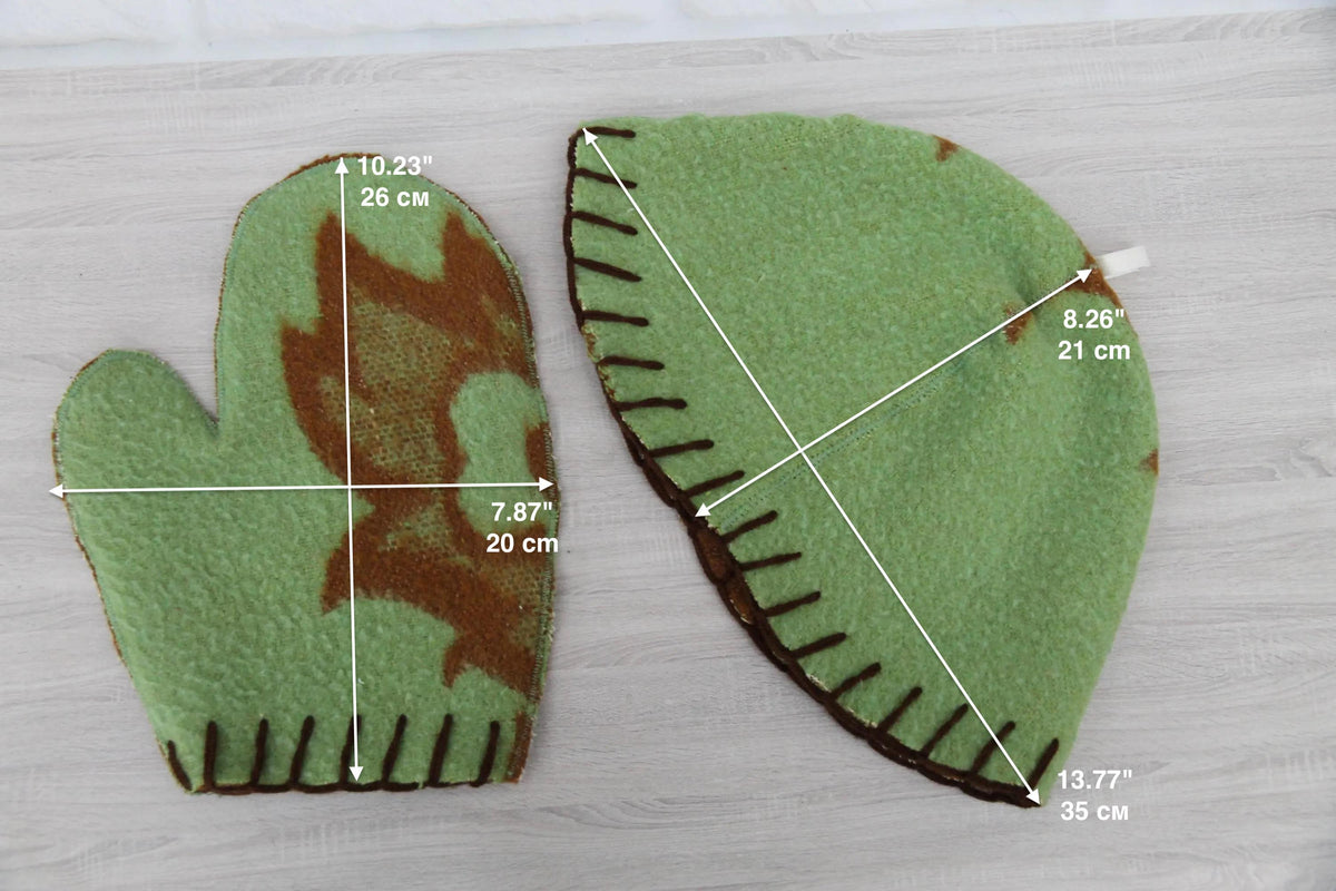 Wool sauna hat mitten mat natural,handmade green felted bath hat, ecoriendly hat recycled blanket cap, gift for sauna lovers.