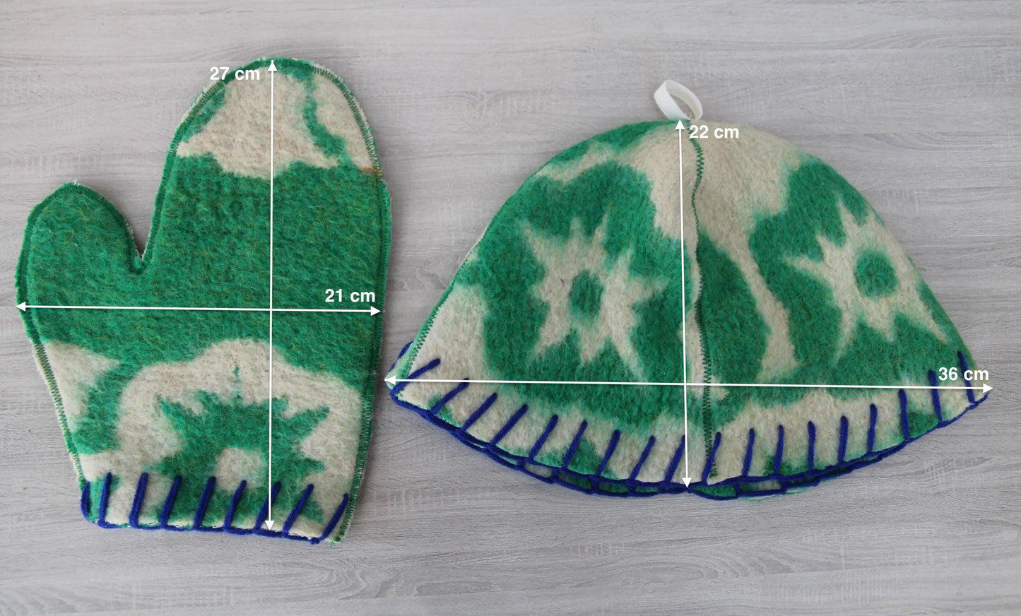 Wool sauna hat mitten mat natural,handmade green felted bath hat, ecoriendly hat recycled blanket cap, gift for sauna lovers.