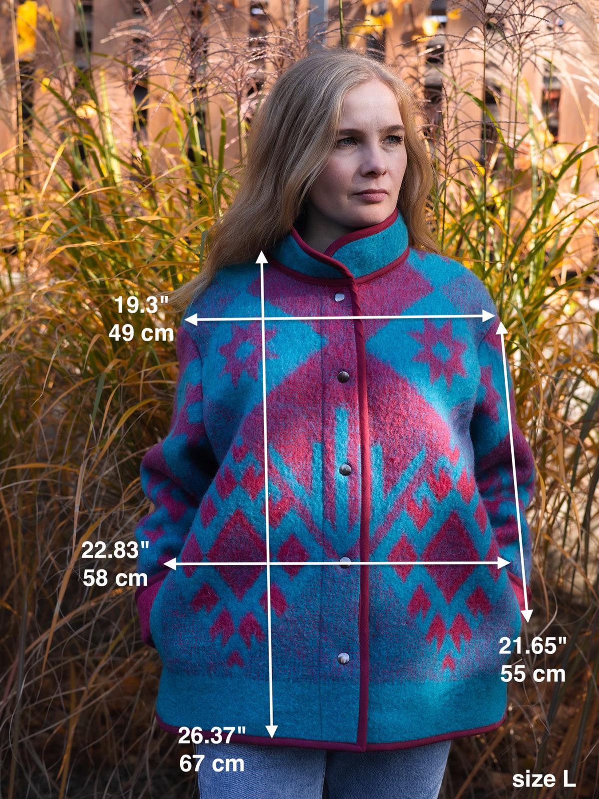 Vintage Wool Blanket Jacket, Handmade Quilted Coat, Upcycled blue Jacket Size L, Warm Ethnic Pattern Coat