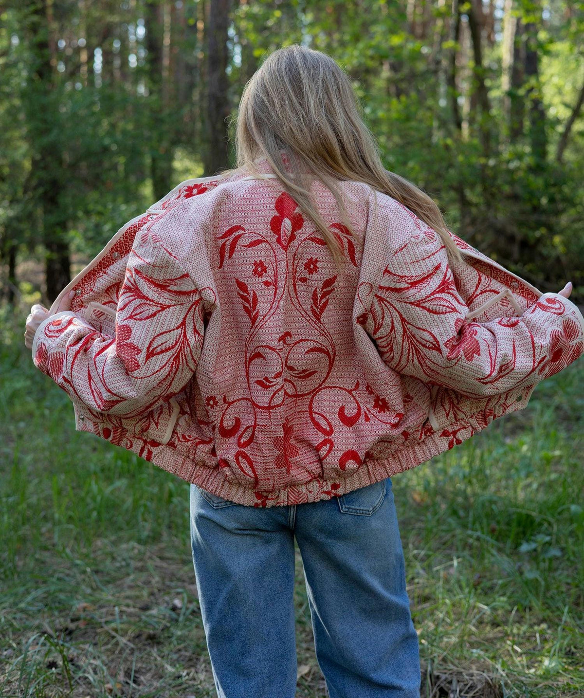 Upcycled Cotton Tapestry Bomber Jacket, Red Floral Cottagecore Statement Coat (M-L)