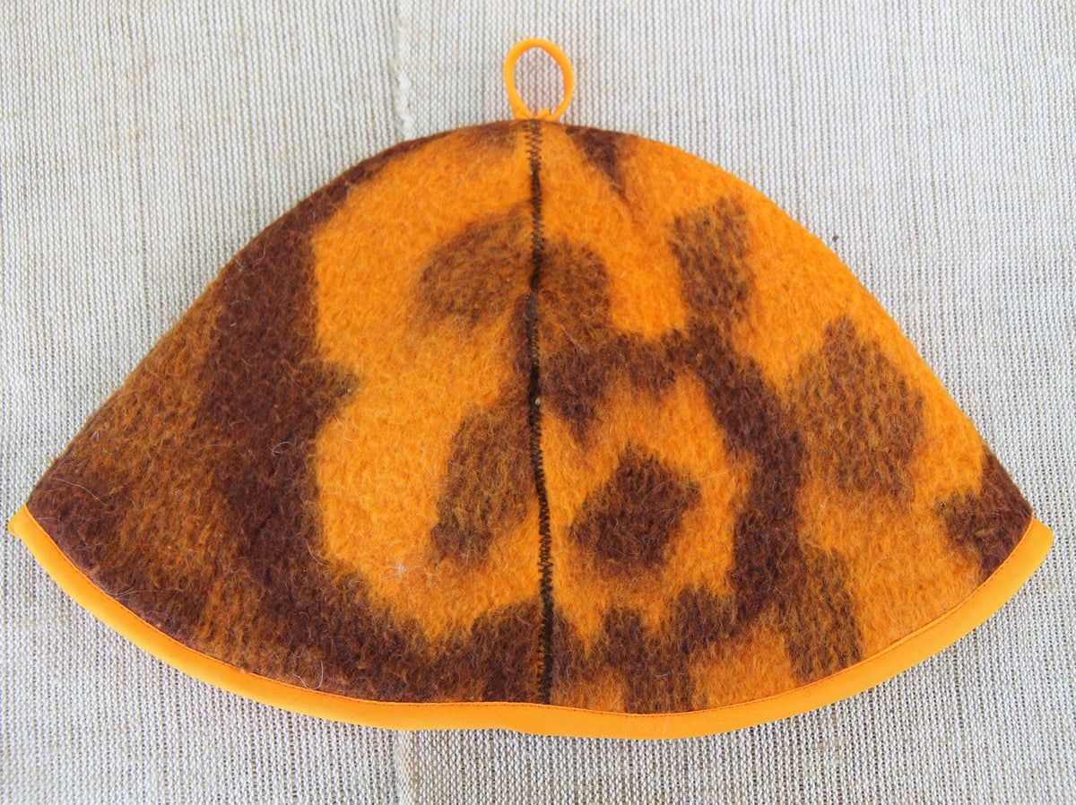 Upcycled Wool Blanket Sauna Hat – Vibrant Orange & Brown Pattern