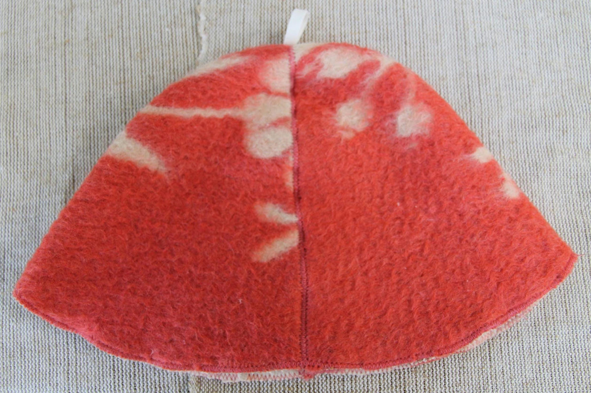 Upcycled Wool Sauna Hat, Coral Red Cream Banya Cap, Eco Felted Spa Bonnet