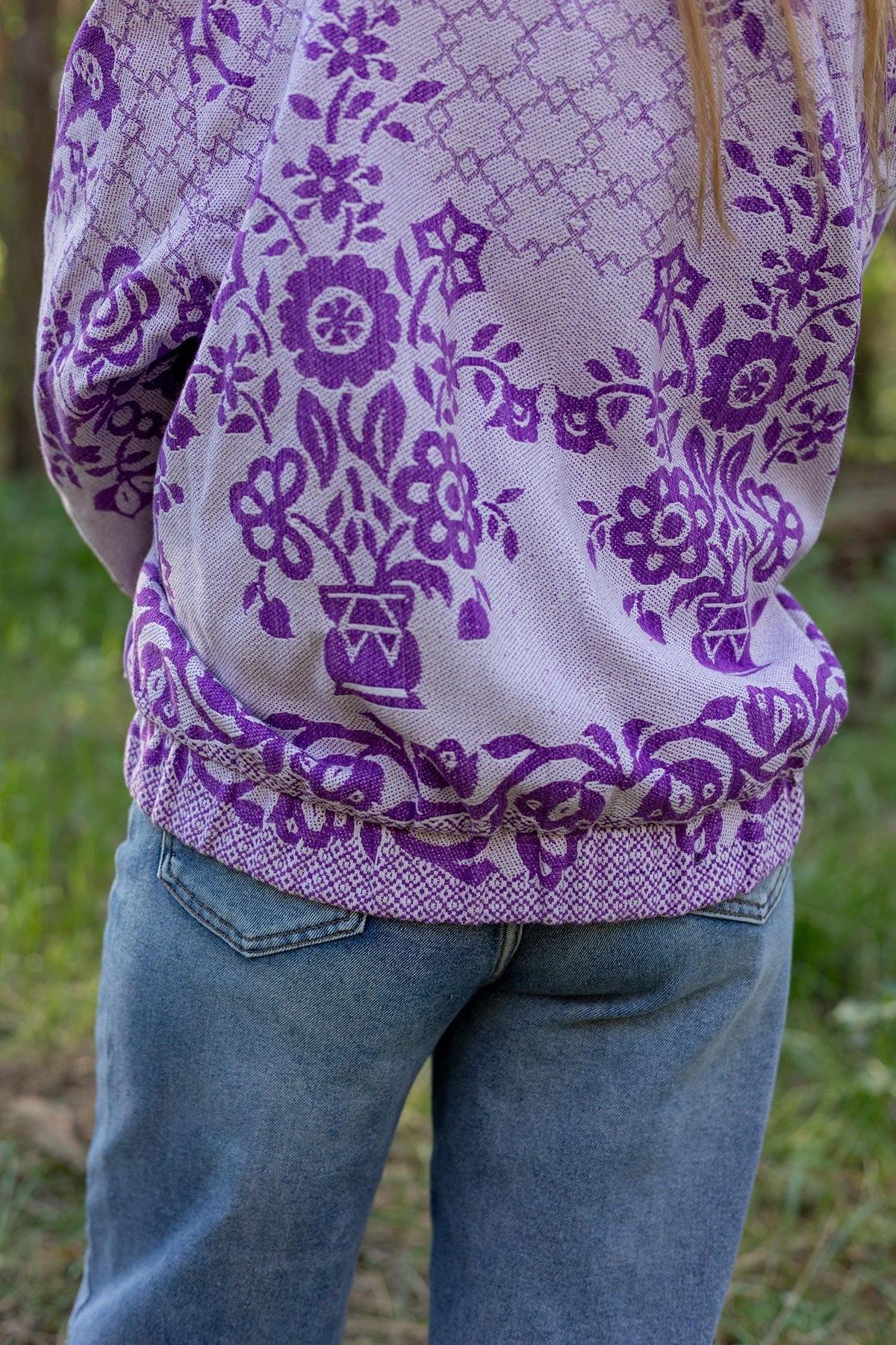 Upcycled Floral Quilt Bomber Jacket, Oversized Purple Statement Coat, Sustainable M/L
