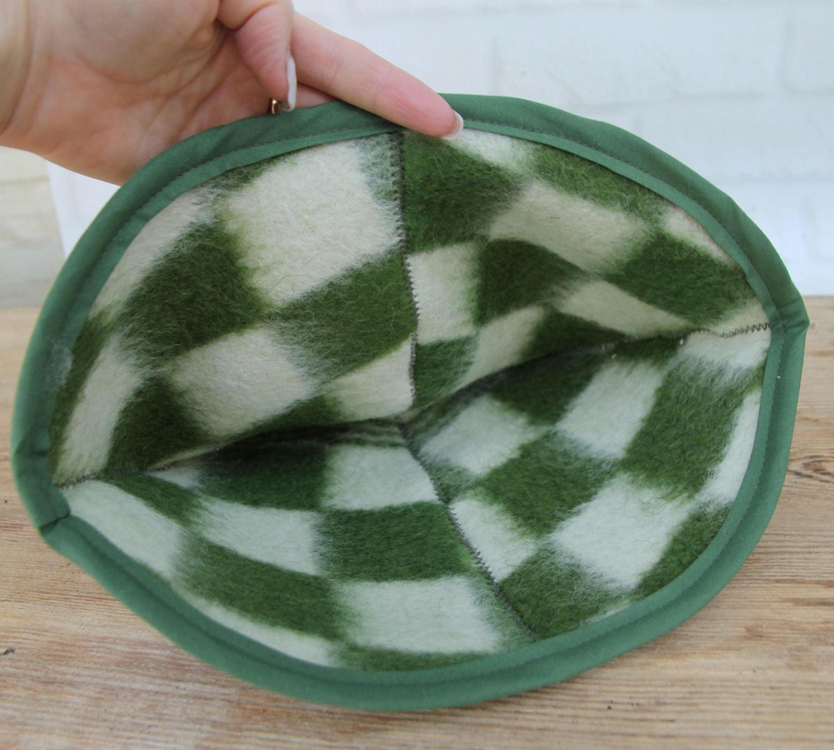 Upcycled Wool Plaid Sauna Hat, Green Checkered Banya Cap, Heat Protection Spa Accessory