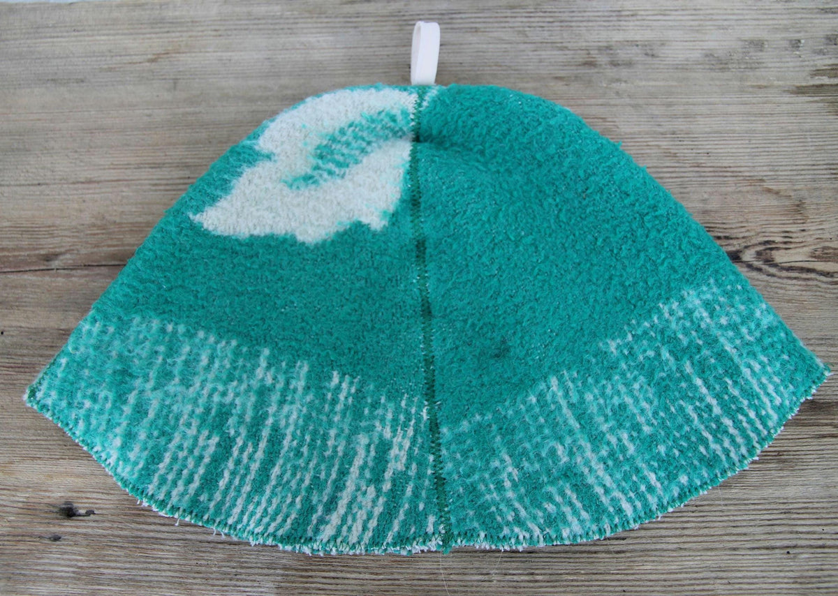 Upcycled Wool Blanket Sauna Hat, Green Cream Banya Cap, Eco-Friendly Spa Headwear