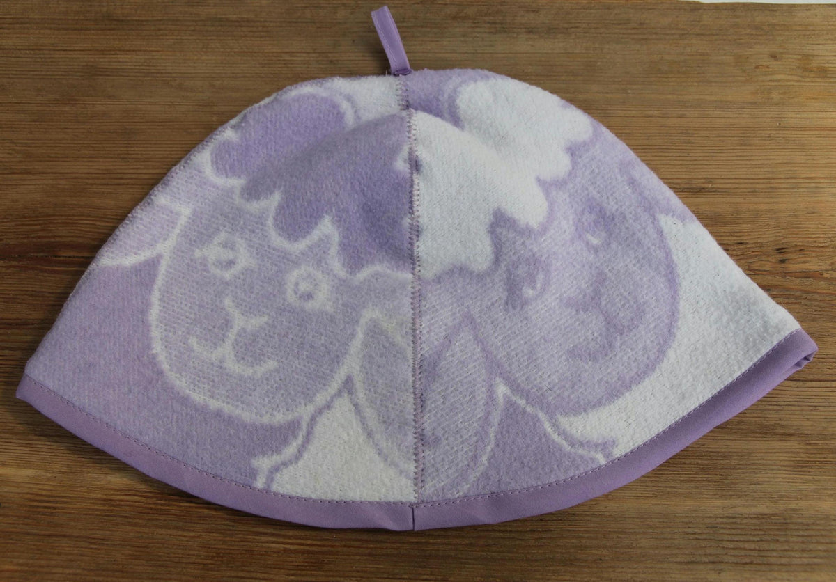 Lavender Sheep Print Wool Sauna Hat, Felted Banya Cap, Upcycled Blanket Protection