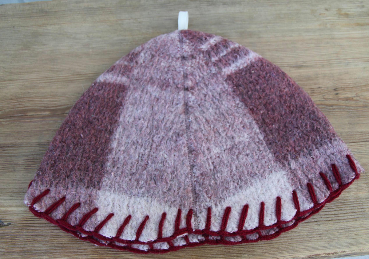 Upcycled Wool Sauna Hat – Burgundy Mauve Plaid Banya Spa Accessory with Loop