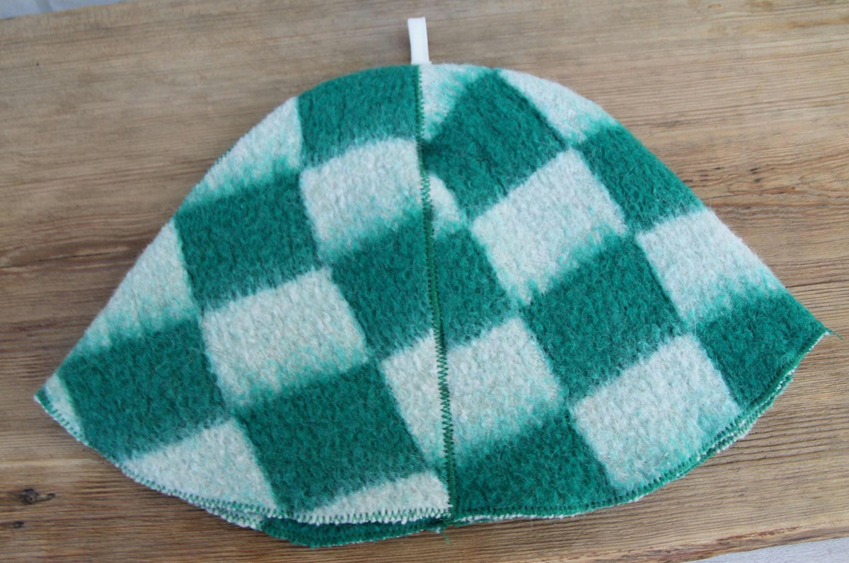 Upcycled Wool Sauna Hat – Green White Checkerboard Banya Spa Accessory