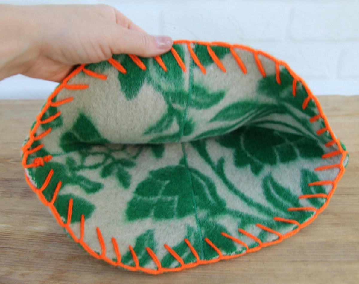 Upcycled Wool Sauna Hat – Green Floral Orange Whipstitch Banya Spa Accessory