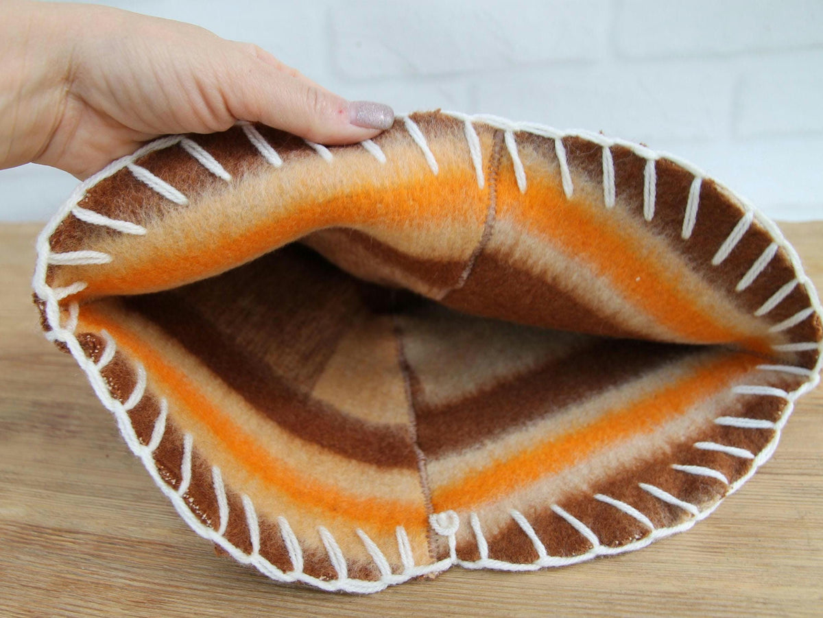 Handmade Upcycled Wool Sauna Hat – Striped Banya Spa Accessory (Brown, Beige, Orange)