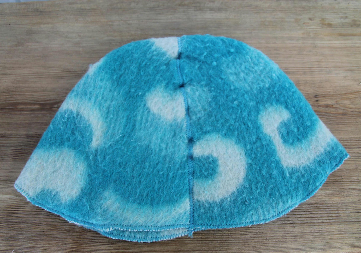 Handmade Upcycled Wool Sauna Hat – Turquoise Blue Abstract Cloud Pattern (Eco-Friendly Spa Accessory)