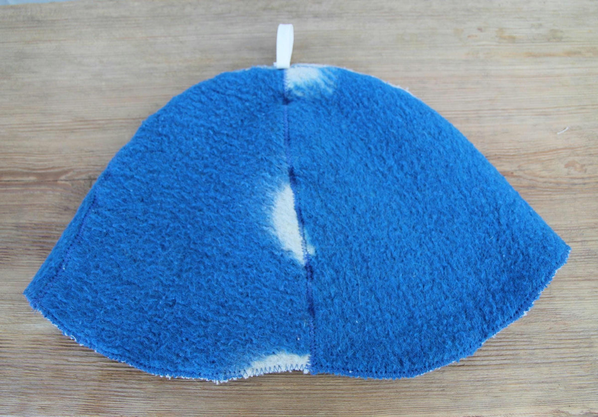 Upcycled Wool Sauna Hat – Blue White Banya Spa Accessory, Sustainable Handmade