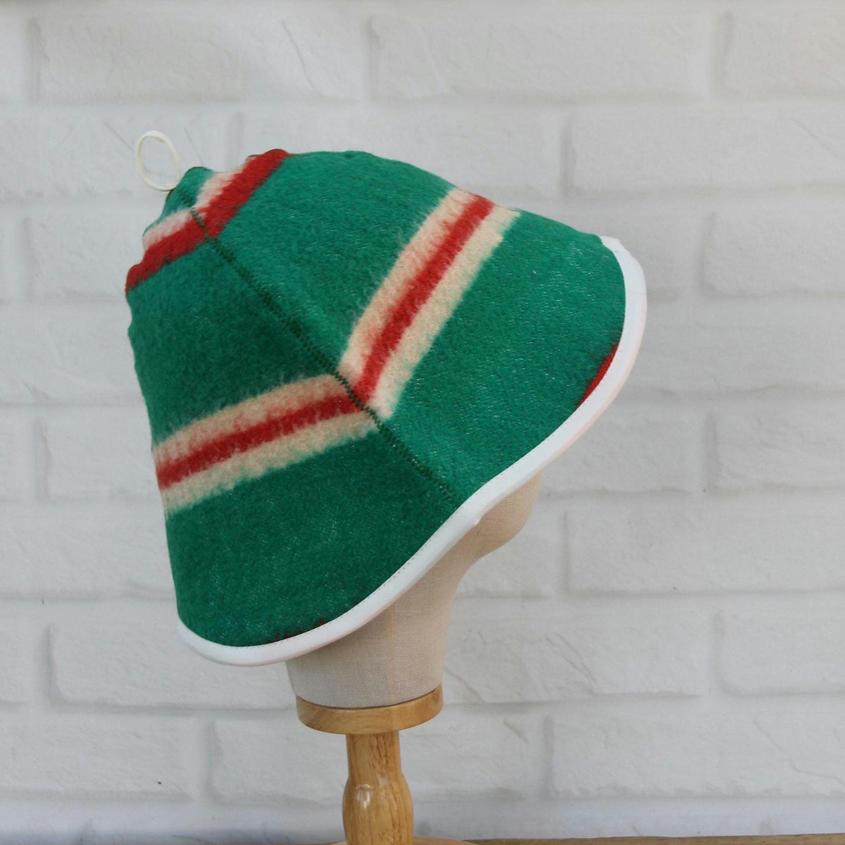 Handmade Wool Sauna Hat, Green Red Striped Banya Cap, Eco-Friendly Spa Accessory