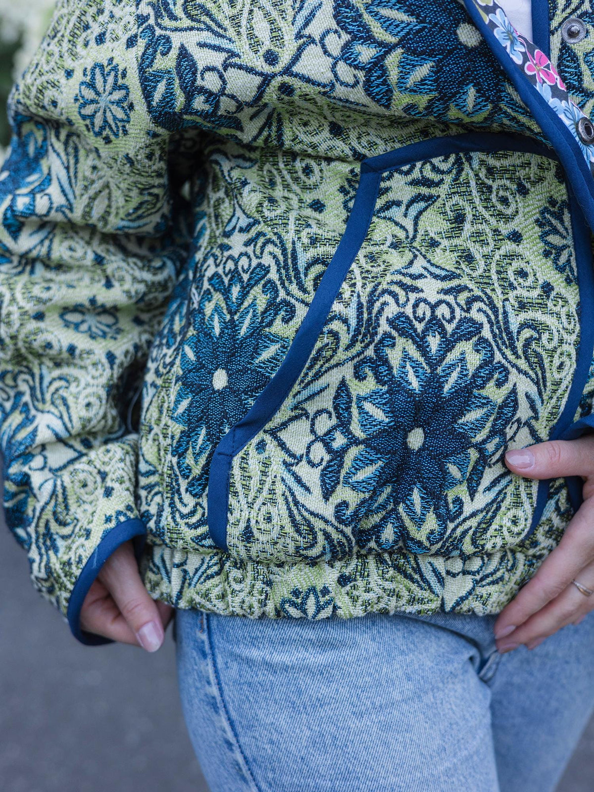 Handmade Vintage Tapestry Jacket, Blue Green Floral Bomber, Oversized Boho Outerwear