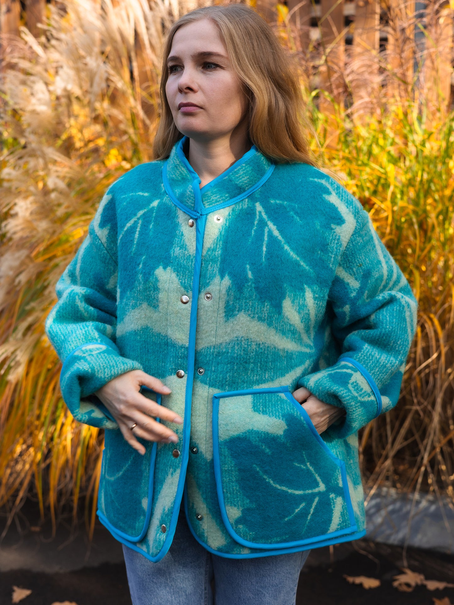 Wool Blanket Jacket blue, Upcycled Coat, Handmade Oversized Plaid Jacket L