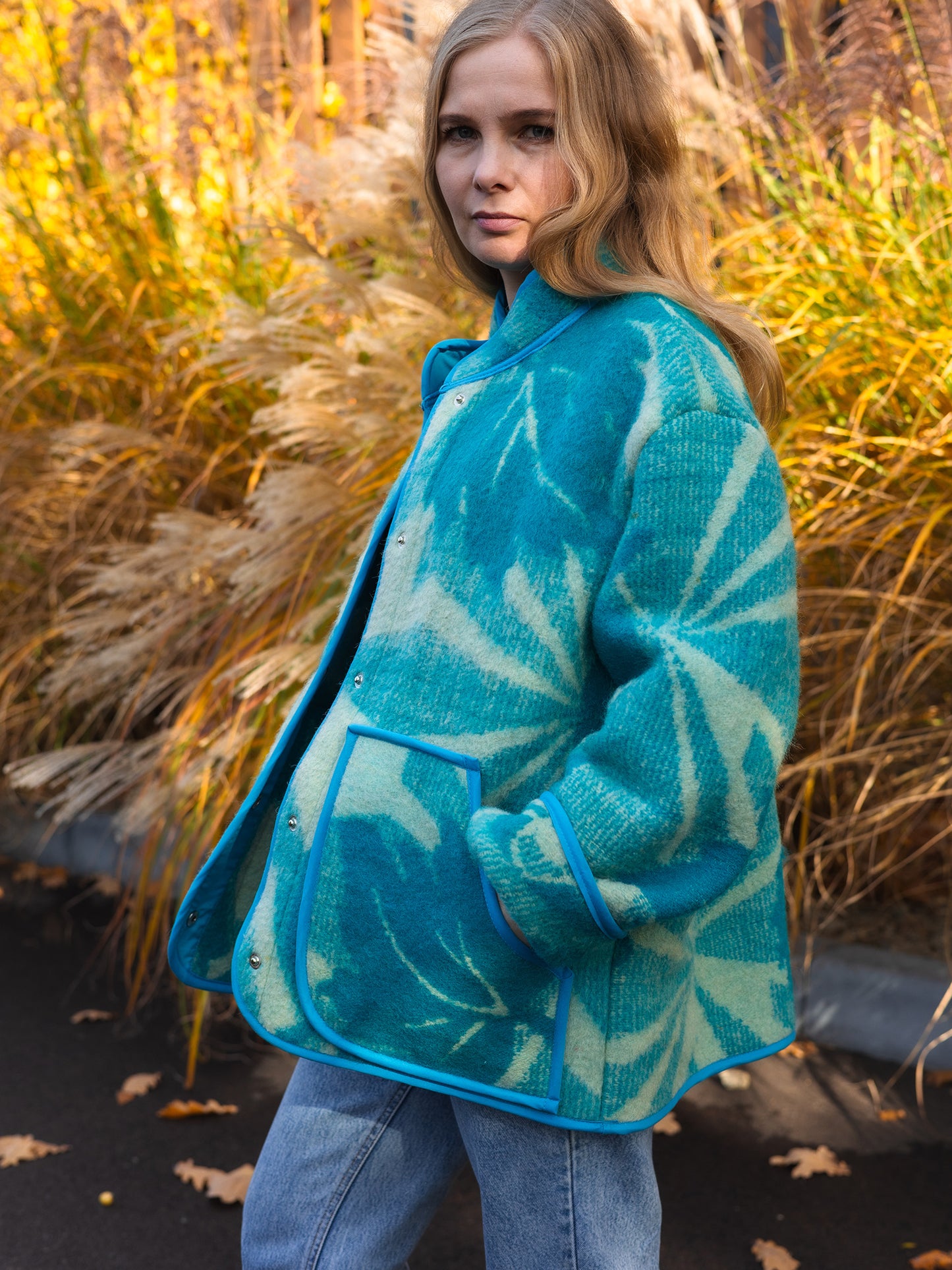 Wool Blanket Jacket blue, Upcycled Coat, Handmade Oversized Plaid Jacket L