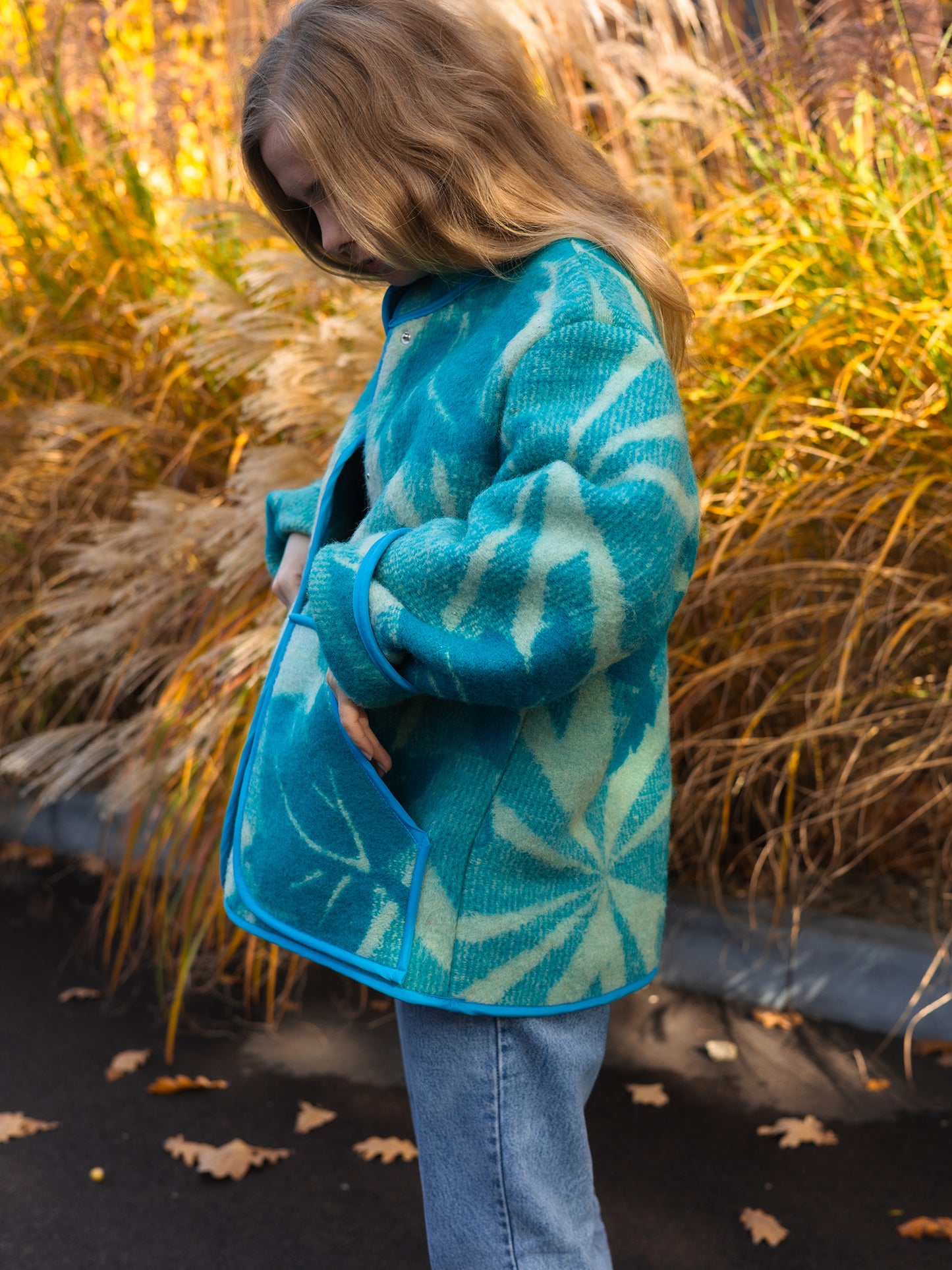 Wool Blanket Jacket blue, Upcycled Coat, Handmade Oversized Plaid Jacket L