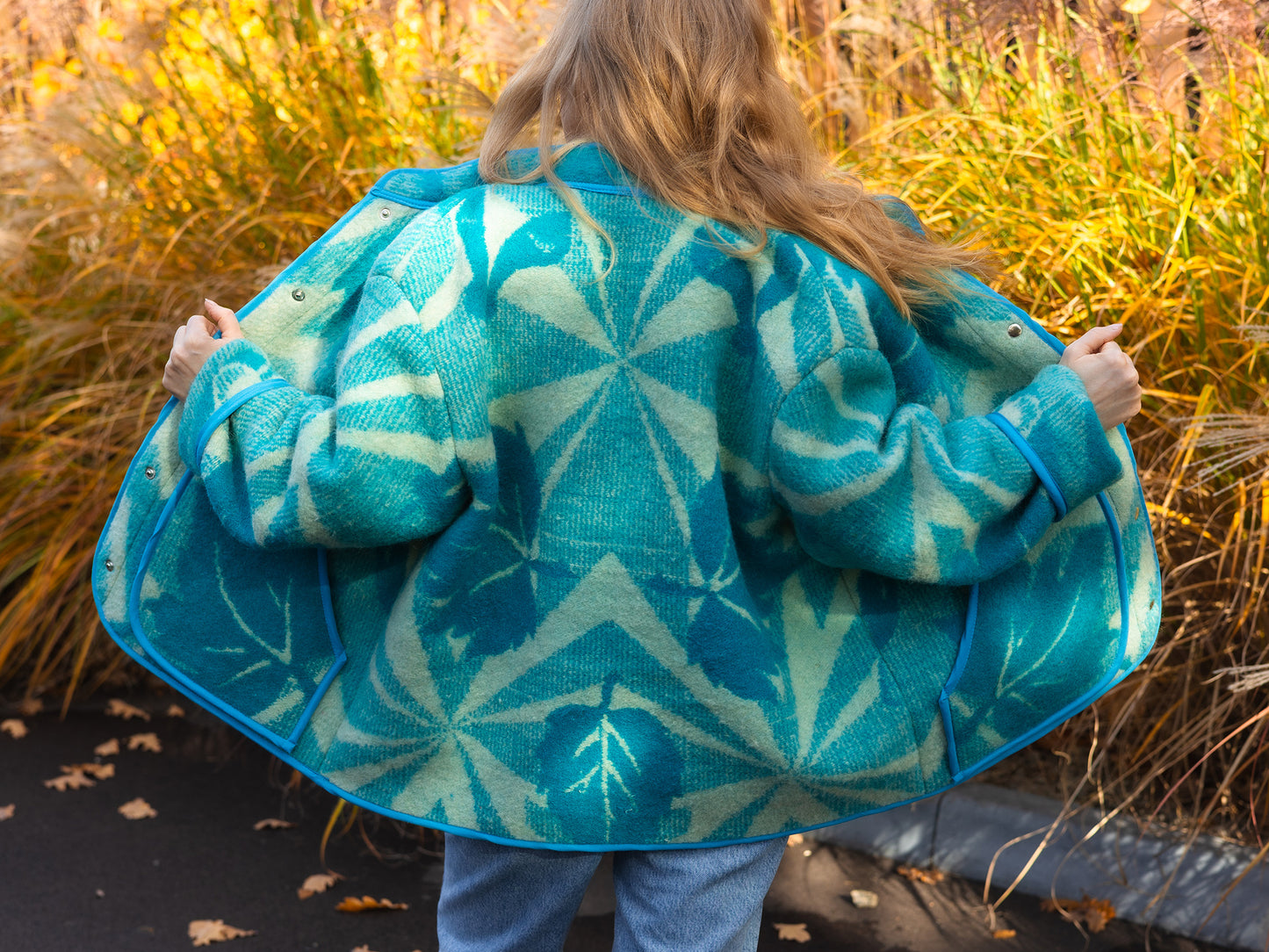 Wool Blanket Jacket blue, Upcycled Coat, Handmade Oversized Plaid Jacket L