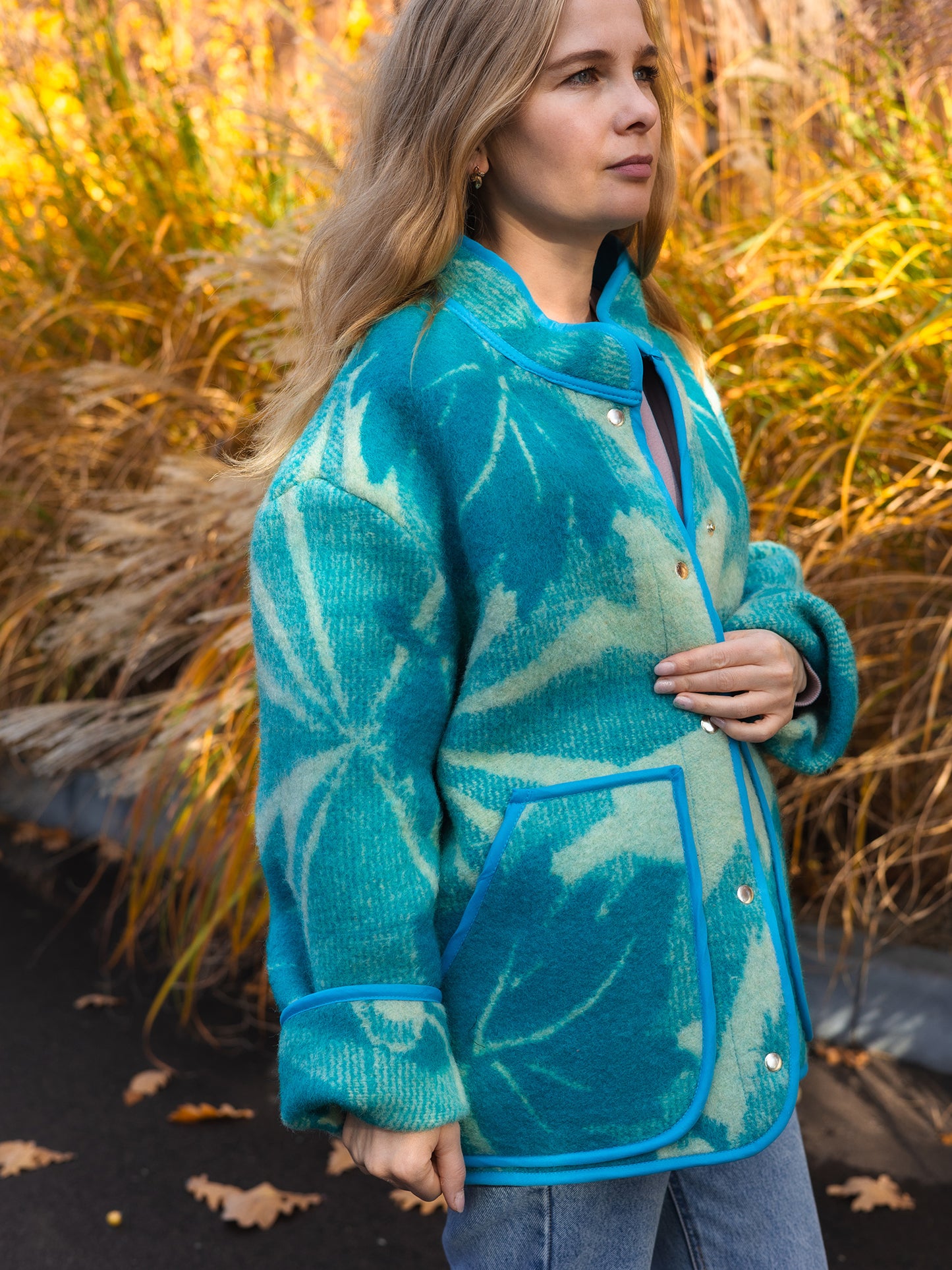 Wool Blanket Jacket blue, Upcycled Coat, Handmade Oversized Plaid Jacket L