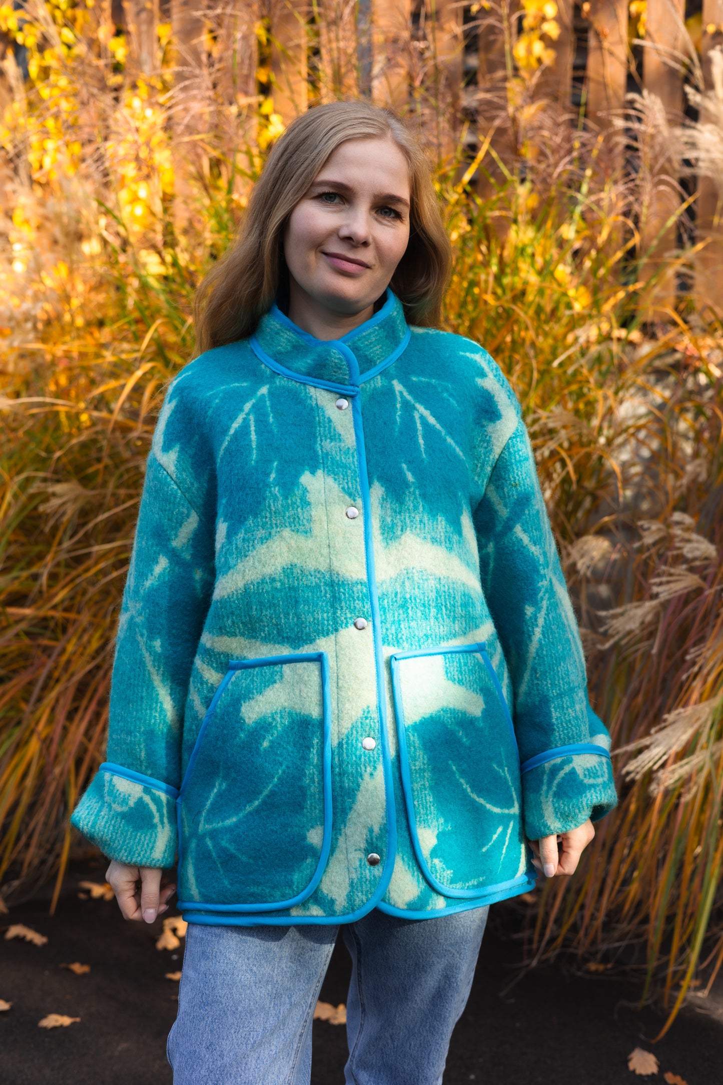 Wool Blanket Jacket blue, Upcycled Coat, Handmade Oversized Plaid Jacket L