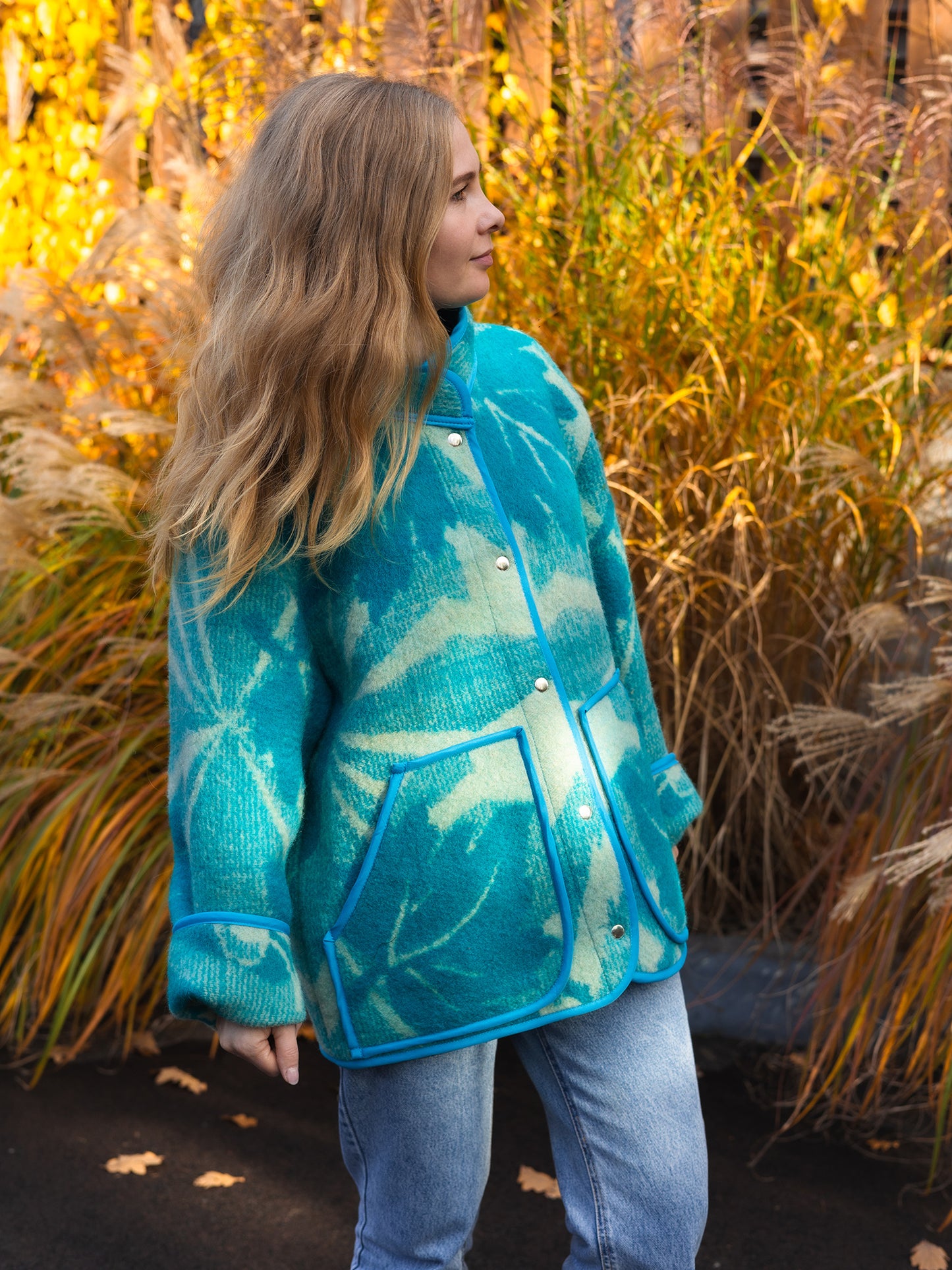 Wool Blanket Jacket blue, Upcycled Coat, Handmade Oversized Plaid Jacket L