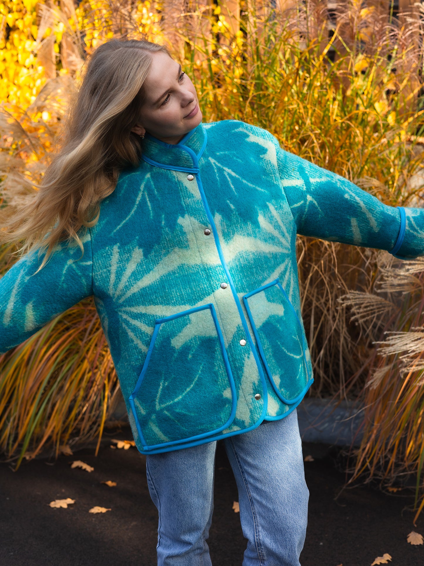 Wool Blanket Jacket blue, Upcycled Coat, Handmade Oversized Plaid Jacket L