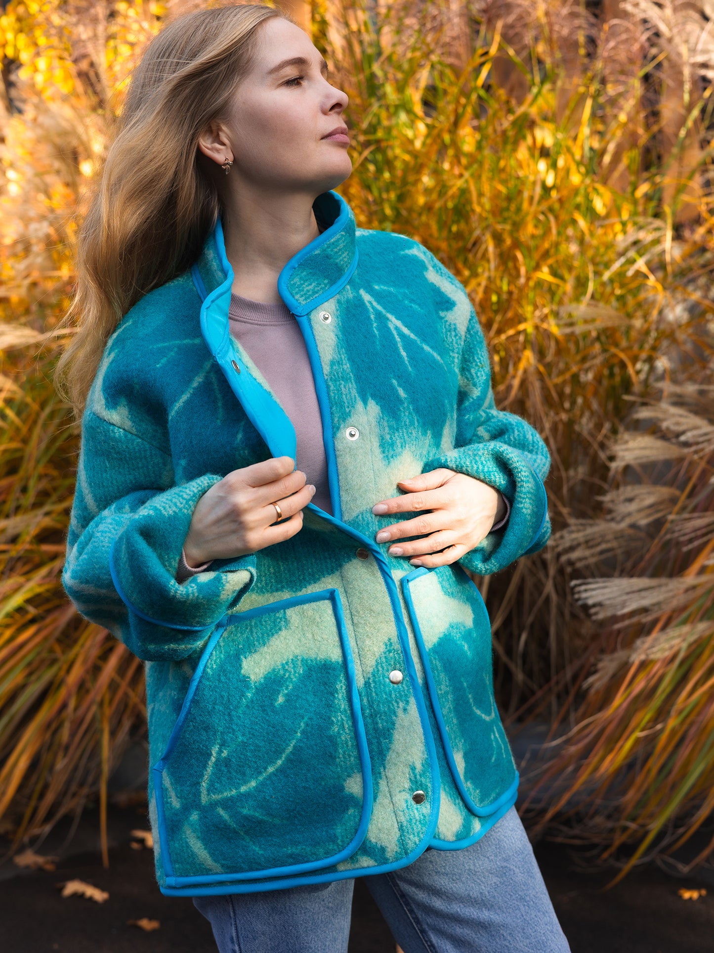 Wool Blanket Jacket blue, Upcycled Coat, Handmade Oversized Plaid Jacket L