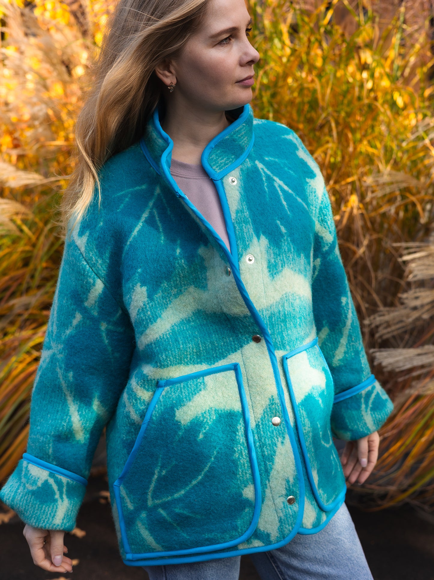 Wool Blanket Jacket blue, Upcycled Coat, Handmade Oversized Plaid Jacket L