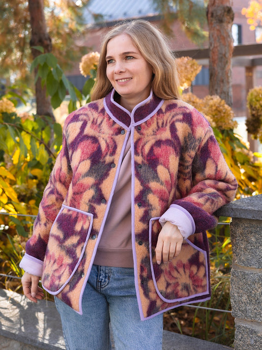 Wool Blanket Jacket pink red, Upcycled Coat, Handmade Oversized Plaid Jacket M/L