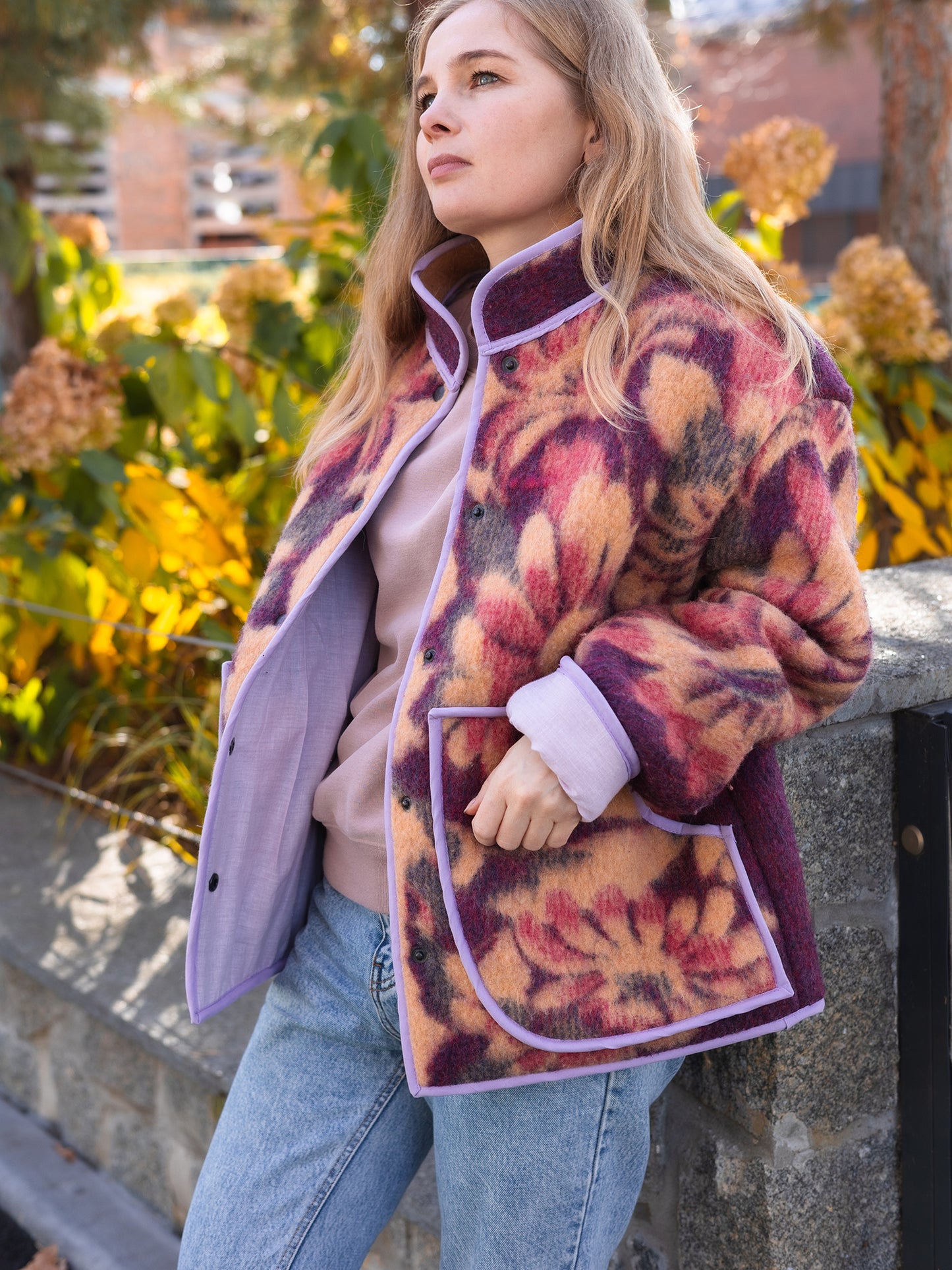 Wool Blanket Jacket pink red, Upcycled Coat, Handmade Oversized Plaid Jacket M/L